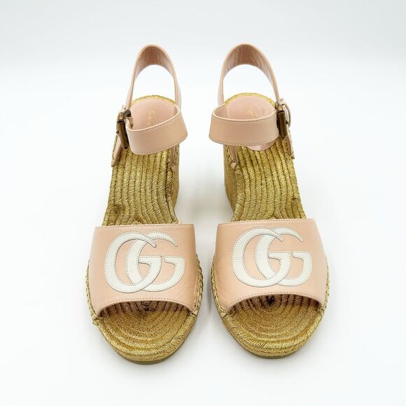 Gucci GG Pink Espadrille Gold Wedge Sandals New Size 38, 8 - Picture 4 of 14